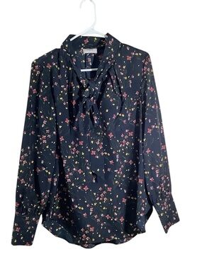 UNTUCKit Navy Floral Tie-Neck Blouse with Pink & Yellow Flowers Lightweight